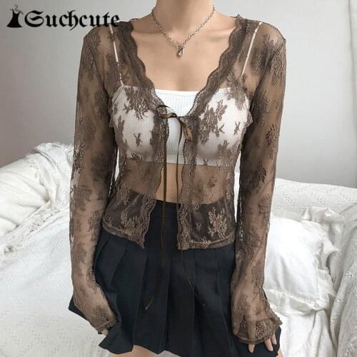 SUCHCUTE Sexy Lace Up Crop Tops Vintage Y2K Floral See Through Long Sleeve Women T-Shirts Brown Retro Mesh Aesthetic Clothes 90s