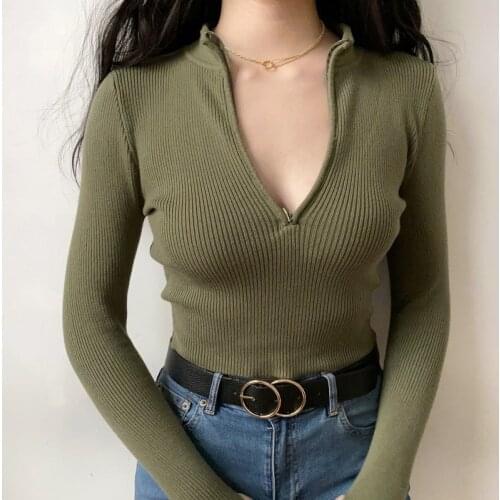 Summer 2021 HOT New Sexy BIG V Ncek Women Zip Skinny Long Sleeve Ribbed Knit Jumper Top Spring Thin Sweater PBET