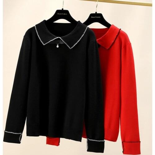 2021 Women Jumpers Turn Down Collar Casual Knitwear Pullovers Casual fashion Beading Pull Femme Hiver Orange Polo Sweater