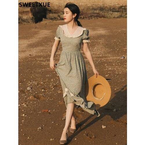 SWEETXUE Floral Stitching Puff Sleeve Dress Womens Summer 2021 Fashion Beach Casual Holiday Dress Female Vestidos Robe Femme