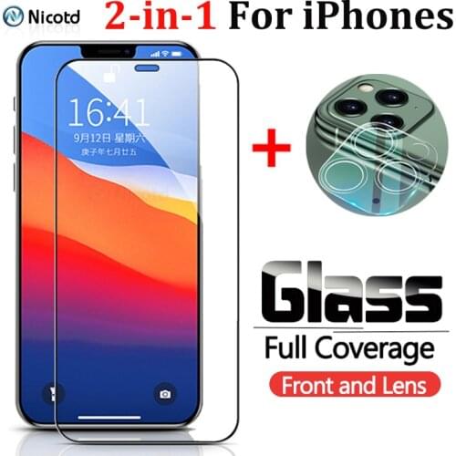 2-in-1 Full Cover Black Tempered Glass + Rear Camera Lens Film For IPhone 12 Camera Lens Screen Protector Glass For IPhone 12Pro