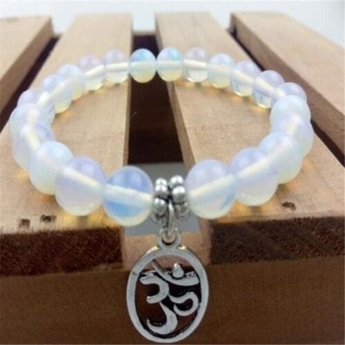 8mm White Opal Mala Bracelet Gemstone 7.5 inches Lucky Buddhism Gemstone Cuff Reiki Chakras Men Bead Yoga Monk Bless