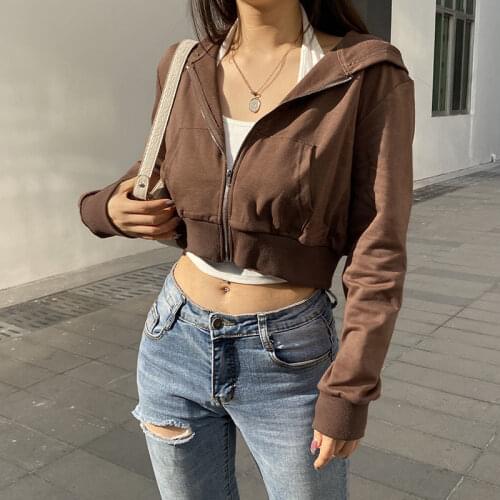 American hot girl short solid color pocket hooded sweater womens tide loose casual all-match long-sleeved top Y2K trend hoodie