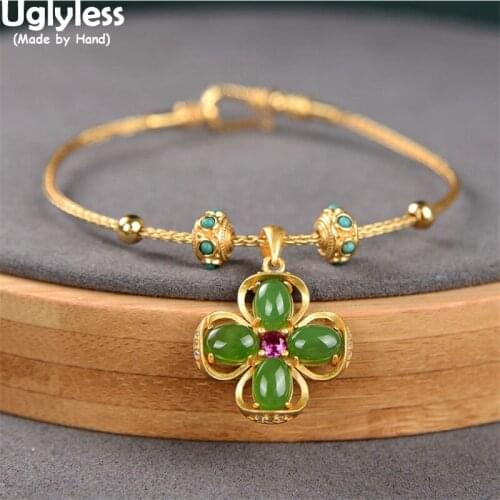 Uglyless Hollow Clover Charms Thin Bangles for Women Jade Flower Bracelet Ethnic Turquoise Beads Vintage Gold Jewelry 925 Silver