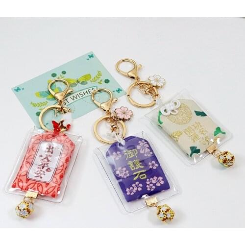 Japanese Omamori Keychains Pray Love Fortune Health Safe Wealth Bag Key Ring Cherry Flower Ball Pendant Charm Car Keys Bag Decor