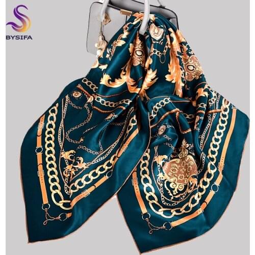 BYSIFA|Dark Green Gold Silk Scarf Shawl Women Fashion Large Square Scarves Printed 110*110cm Top Grade Pure Silk Scarf Hijab