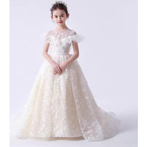 Flower Girl Dresses Illusion Appliques Embroidery O-Neck Princess Floor-Length Tulle Lace Luxury Champagne Kids Party Gown H550