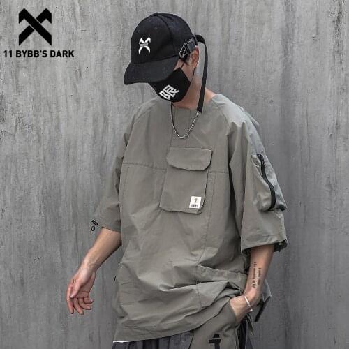 11 BYBBS DARK 2021SS Harajuku Tshirts Summer Cargo Pockets Hip Hop T-Shirt Men Punk Cotton Loose Short Sleeve Shirts Techwear