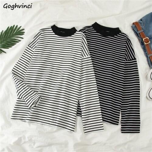 T Shirt Women O-neck Long Sleeve Striped Simple All Match Womens Koran Clothes High Quality T Shirts Casual Pullover Harajuku
