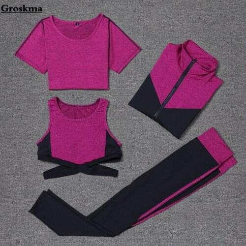 High quality women 4PCS set sexy bra quick dry t shirt leggings patchwork coat yoga clothing womens fitness gym wear tracksuit
