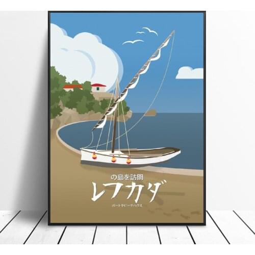 Lefkada Boat on the beach Canvas Travel Poster Prints Home Wall Art Decor Painting