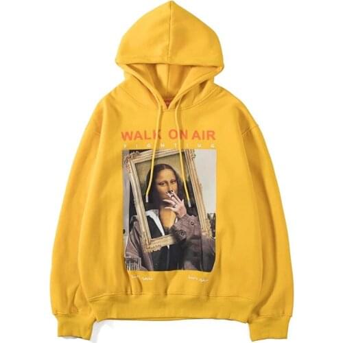 Funny Mona Lisa Smoking Print Mens Oversized Hoodies Pullover Yellow Long Sleeve Women Hooded Sweatshirt Sudaderas Con Capucha
