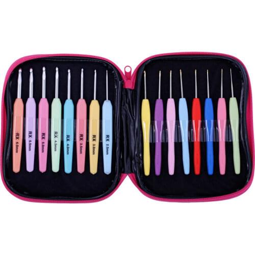 LMDZ 16PCS Aluminum Crochet Hooks Set Multi color Soft Plastic Grip Handle Weave Yarn Craft Hook Sets with Bag DIY for Beginners