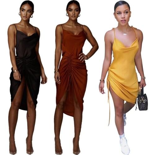 New!!! Sexy Spaghetti Strap Women Dress Deep V-Neck Sleeveless Backless Side Pleated Drawstring Asymmetric Dress Nightclub Party