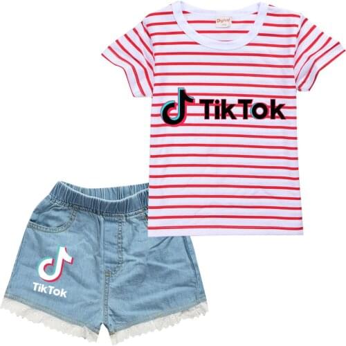 TIK TOK Boys And Girls Clothing Hot summer short sleeved top + jean shorts childrens suit