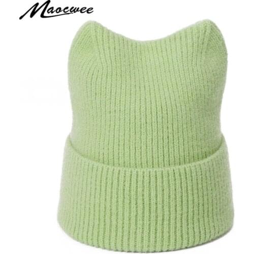 Autumn Winter Cute Cat Ear Bonnet Skullies Beanies Casual Knitted Beanie Hat Women Cap Hip Hop Windproof Soft WoolGorro Ski Caps