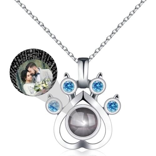 New Personalized Silver Dog Paw 100 Languages I Love You Projection Necklace Custom Birthstone Name Photo Pendant Birthday Gifts