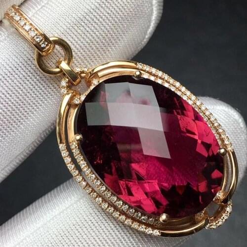 Tourmaline Pendant Fine Jewelry Real 18 K Gold 100% Natural Rubillite Tourmaline 28.6ct Gemstones Diamond Pendant Necklace