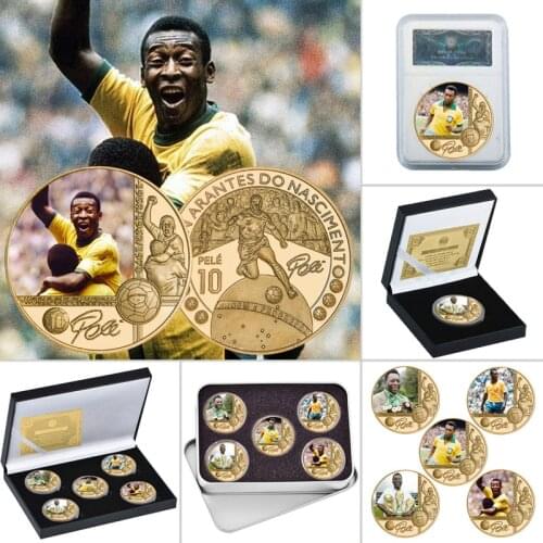 The King Of Football Pele Gold Plated Commemorative Coin Set with Coin Holder Football Challenge Coins Souvenir Gift for Him