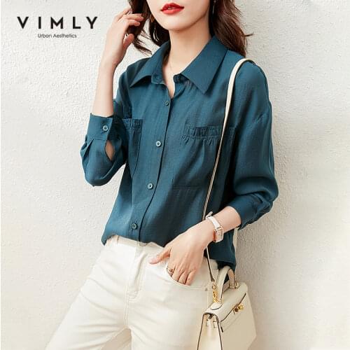 VIMLY Women Shirts Fashion Full Sleeve Solid Vintage Tops Button up Shirt Office Lady New Blouse Female Clothes F6256