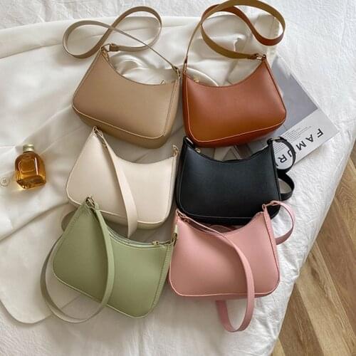 Womens Bag Vintage Pure Color PU Leather Shoulder Underarm Bags for Women Casual 2021 Fashion New Ladies Small Handbags Purse