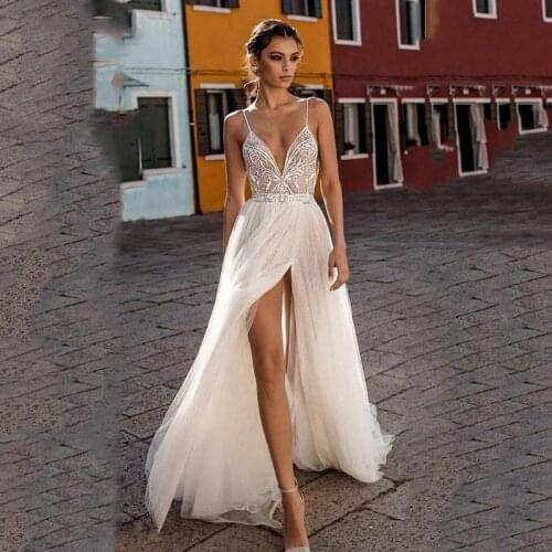 Bridal Beach Wedding Dress Side Open Lace Boho Vestido De Noiva Boho Sexy Strap Backless Bridal Gown