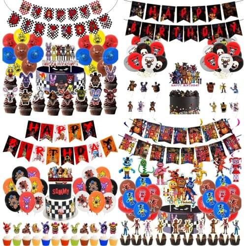 1set Anime Five Night Fred Balloons FNAF Balloon Banner Flag Cake Topper Game Toy Fazbear Foxy Bonnie Happy Birthday Party Decor