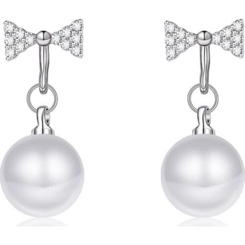 Hight Quality Jewelry 2017 New Fashion Bowknot Shiny Zircon Pearl Design 925 Sterling Silver Stud Earrings for Women Gift