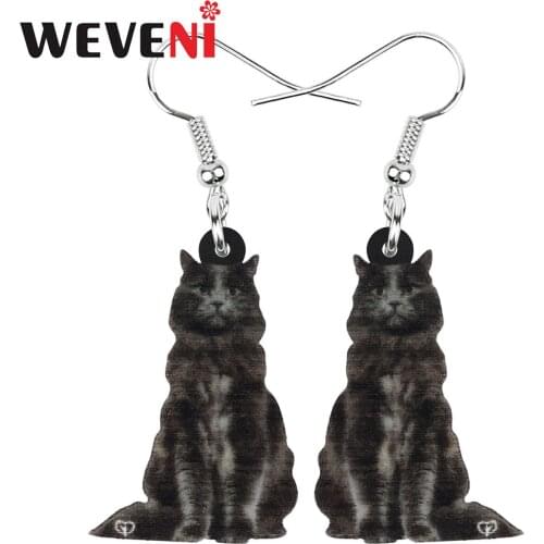 WEVENI Acrylic Black Maine Coon Cat Earrings Cute Kitten Animal Drop Dangle Jewelry For Women Girls Kids Funny Gift Accessories