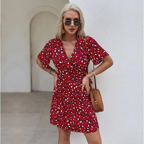 Spring New Leopard Print Short Dress Women Nice Casual V Neck High Waist Summer Dress Ladies Loose a Line Short Dresses