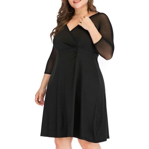 Large size dress black voile patchwork plus size dress women elegant three quarter v neck translucent Net yarn dresses