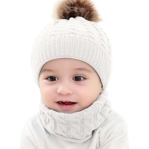 0-3Years Kids Baby Winter Caps Scarf 2Pcs Set Boy Girl Warm Crochet Knitted Beanie Hat Fur Pom Caps Protection Hat Scarf