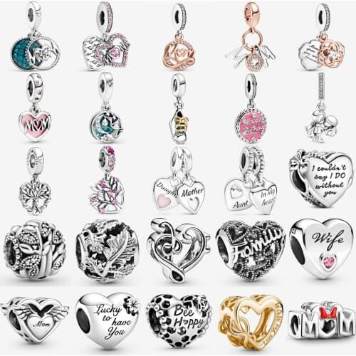 2021 new 925 sterling silver Angel Wings & Mum & Mom Heart Dangle Charm Fit Pandora Bracelet Heart Beads DIY Jewelry