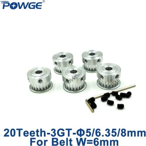 POWGE 5pcs 20 Teeth 3GT Timing Pulley Bore 5mm 6.35mm 8mm for width 6mm 3MGT GT3 Belt Small backlash pulley 20Teeth 20T