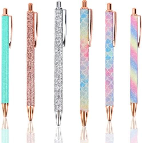 6 PCS Glitter Ballpoint Pens Rose Gold Click Ballpoint Pen Metal Glitter Pen Retractable Black Ink Medium Point Pens