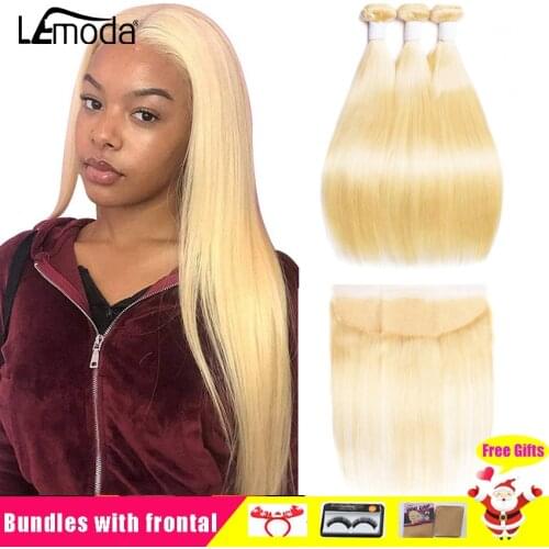 613 Bundles With Frontal Malaysian Straight Human Hair Bundles With Frontal Closure Lemoda Remy Hair Blonde Bundles With Frontal