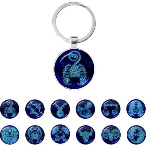 12 Constellation Keychain Fashion Glass Cabochon Key Rings Zodiac Sign Pendant Jewelry For Men For Women Birthday Gift