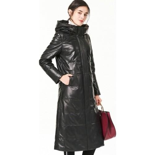 Brand Womens Sheepskin Down Jacket Streetwear Genuine Leather Slim Fit Hooded Outwear 2020 New Winter Warm Long Coat Female