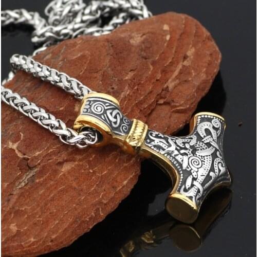 Long Viking Odin Triangle Knot Logo Thors Hammer Metal Pendant Necklace