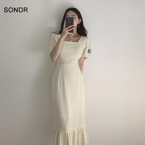 Elegant Sweet Office Dresses Vintage Bag Hip Dress Fishtail Long Dress 2020 One-Piece Korean Dress Female Summer Beige Dresses