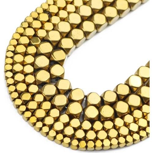 Faceted Square Natural Gold Hematite Stone Cube Spacer Loose Beads For Jewelry Making Diy Bracelets Accessories Findings 3/4/6MM