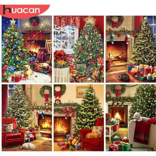 HUACAN 5d Diamond Painting Christmas Tree Full Square Diamond Embroidery House DIY Mosaic Dog Handmade Gift Wall Art
