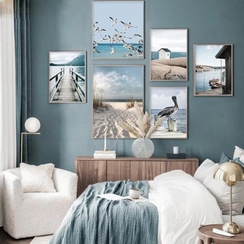 Natural Sea Landscape Wall Art Canvas Painting Beach Beige Grass Boat Wall Art Nordic Scenery Poster For Living Room Home Decor