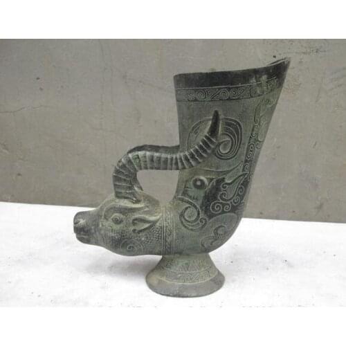 Chinese Folk Classical Bronze Carved Ox horn Beast Wine cup statue
