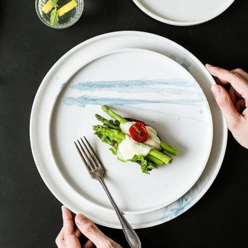 Creative Ceramics Plate Circle Dull Polish Matte Steak Plate White Blue 10-Inch 12-Inch Commercial Use Spaghetti Plate Dish