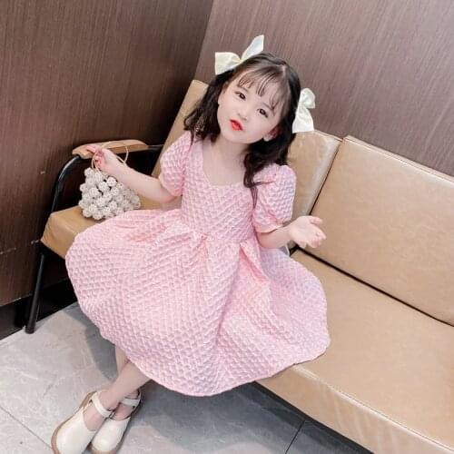 Summer Kids Clothes Korean Style Baby Girls Dress Candy Color Short Puff Sleeves pearl Princess Dresses girls party 2-7