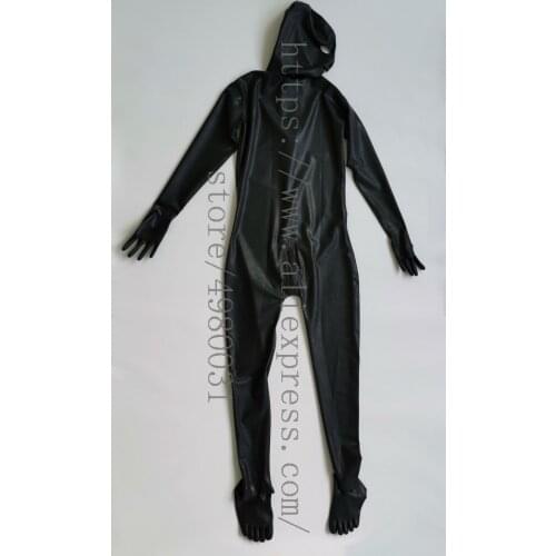 Back zipper to waist full body Fetish latex catsuit attached crotch zipper & JJ hole and with glued gloves & hood & socks