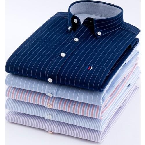 2020 High Quality Mens Long Sleeve Shirts 100% Cotton Oxford Wash Striped Casual fitted slim fit Shirts For Male