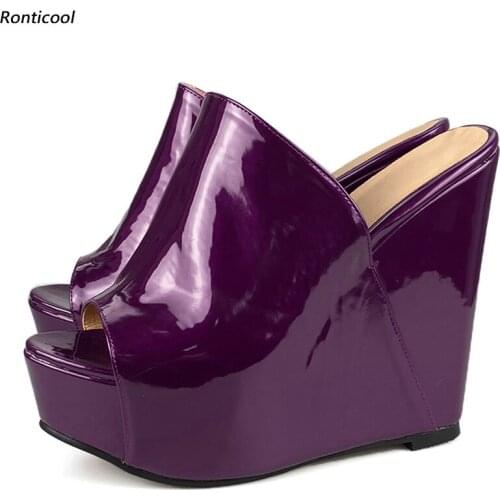 Ronticool New Women Summer Mules Sandals Glossy Wedges Heel Open Toe Gorgeous 8 Colors Party Shoes Women US Plus Size 5-20