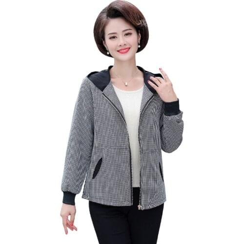 Casual Plaid Jackets And Coats Middle Age Mother Outerwear 2021 New Spring Autumn 5XL Plus Size Women Zipper Hooded Tops